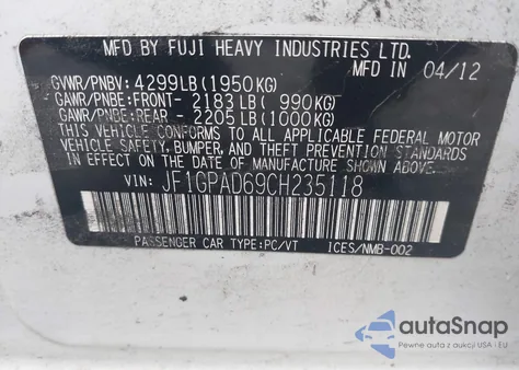 2012 Subaru Impreza 2.0I Premium z USA, uszkodzony, nr VIN JF1GPAD69CH235118